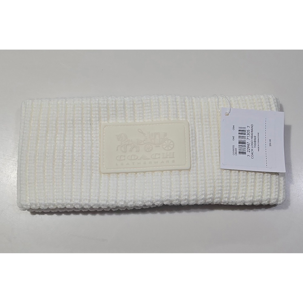Coach Logo Headband Cream Acrylic Knit Ribbed Comfort Warm‎
